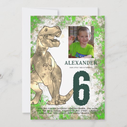 Tレックス恐竜6th誕生日パーティー写真 招待状 (正面)