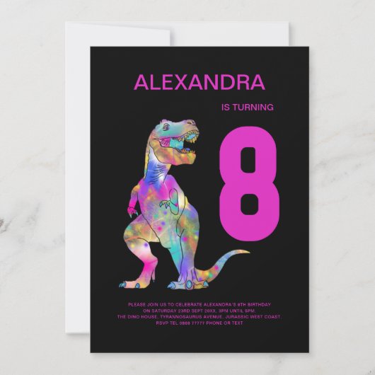 Tレックス恐竜8thバースデーパーティーピンク 招待状 (正面)