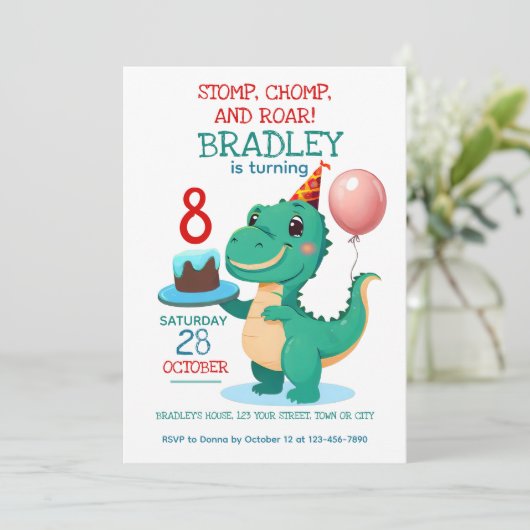 Tレックス恐竜8th誕生日パーティーへの招待 招待状 (スタンド正面)