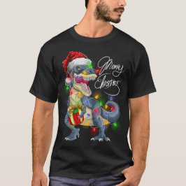 Tレックス恐竜 メリークリスマス ライト サンタ帽子 Tシャツ