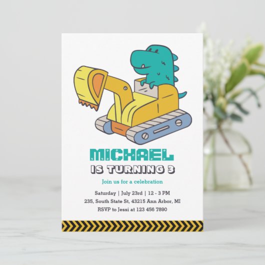 Tレックス掘削機建築子供の誕生日 招待状 (スタンド正面)