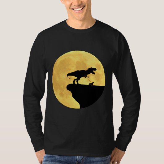 Tレックス歩く黄月の前のダックスシュント Tシャツ (正面)