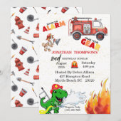 Tレックス消防士の2歳誕生日パーティー招待状 招待状 (正面/裏面)