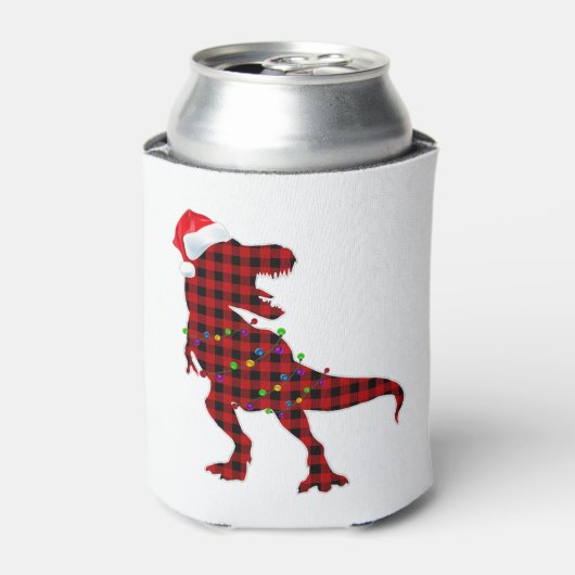 Tレックス赤い格子柄バッファロー恐竜クリスマスパジャマ 缶クーラー (缶正面)