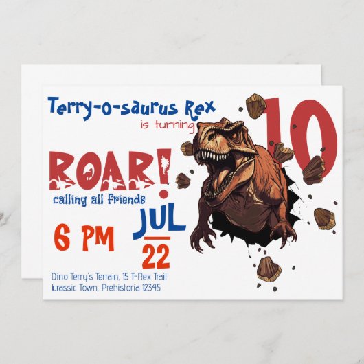 Tレックス轟音！大きい男の子と女の子のための誕生日 招待状 (正面/裏面)