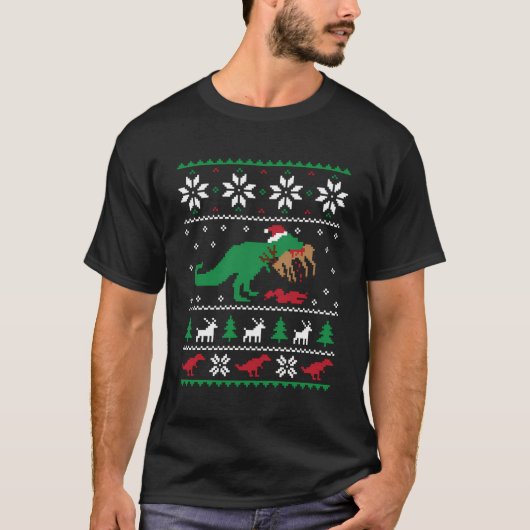 Tレックス食べのトナカイおもしろい恐竜クリスマスUgl Tシャツ (正面)