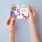 Tレックス5歳誕生日パーティー予算招待ピンク チラシ (手)