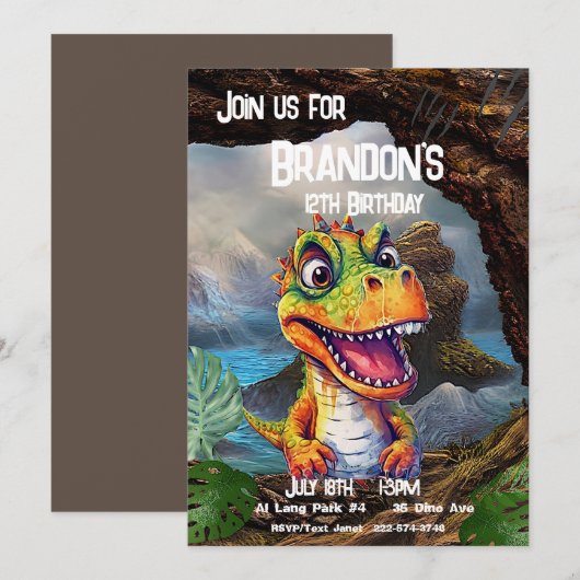 Tレックス、恐竜誕生日、 招待状 (正面/裏面)