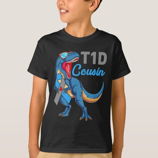 T1D従兄弟 1型糖尿病啓発月間 恐竜 Tシャツ (正面)