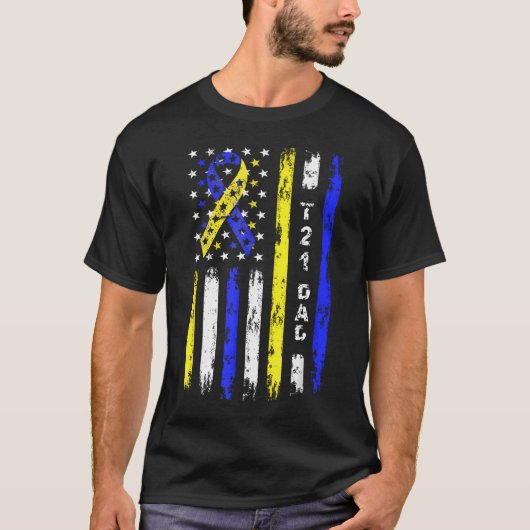 T21 ダッド アメリカ国旗 ダウン症候群 Tシャツ (正面)