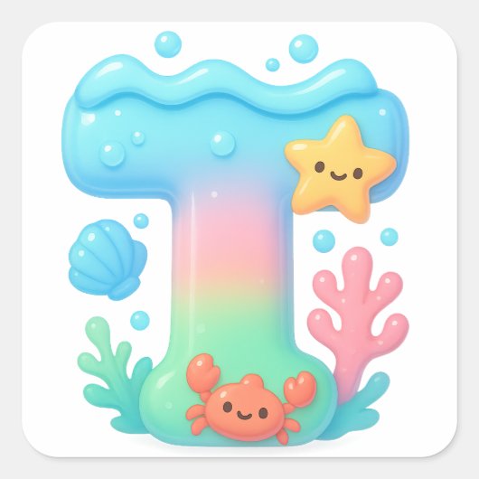 "T" かわいい文字 - 海の中の生き物 スクエアシール (正面)