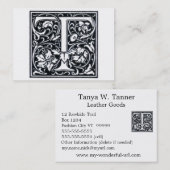 T"の木版画のWoodblockの装飾的な手紙"イニシャル 名刺 (正面/裏面)