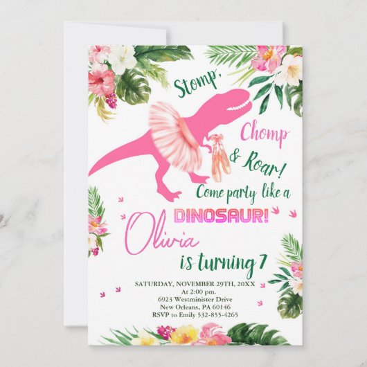 T-レックスタトゥス誕生日招待状、赤面ピンクトゥス 招待状 (正面)