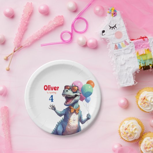 T-レックスチロナサウルス恐竜カラフル誕生日 ペーパープレート (パーティー)