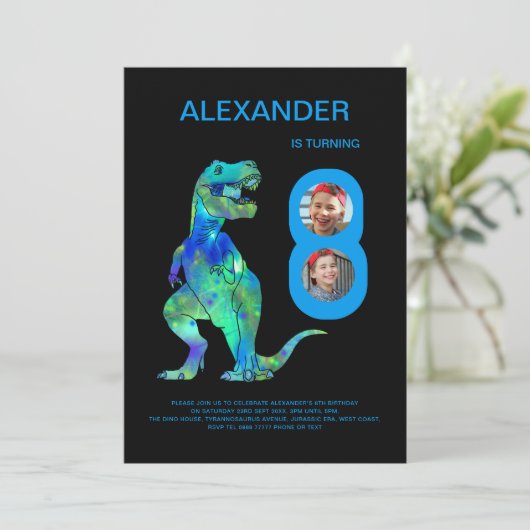 T-レックスディノボーイズ8thバースデーパーティーカスタム写真 招待状 (スタンド正面)