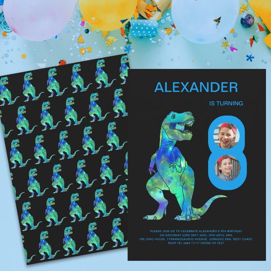T-レックスディノボーイズ8thバースデーパーティーカスタム写真 招待状