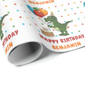 T-レックス恐竜カラフル誕生日の風船と名前 ラッピングペーパー (ロールコーナー)