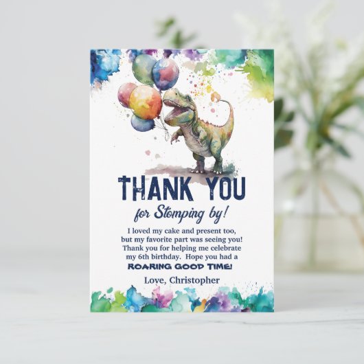 T-レックス恐竜バルーン絵を描スプラッシュ誕生日 サンキューカード (スタンド正面)