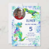 T.レックス恐竜第5誕生日写真グリーンブルー 招待状 (正面)
