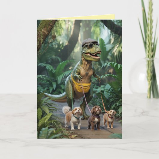 T-Rexが犬の散歩 グリーティングカード シーズンカード (正面)