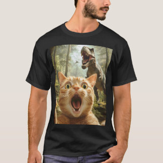 T-Rexと写る猫のセルフィー ネコ好きな女性向け Tシャツ