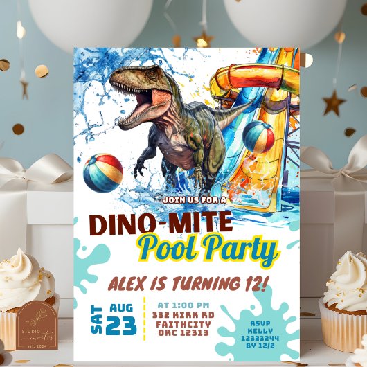 T-Rexウォータースライドプールパーティー誕生日招待状 招待状