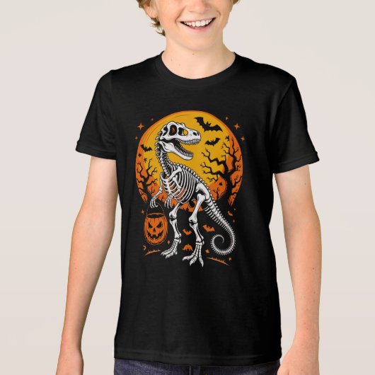 T-Rexスケルトンのハロウィンパンプキンバケツとコウモリ トライブレンドＴシャツ (正面)