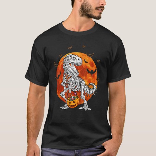 T-Rex恐竜の骨格 ハロウィン キャンディ パンプキン Tシャツ (正面)