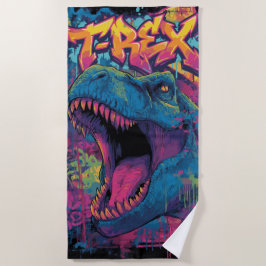 T-Rex+グラフィティ+ポップアートの恐竜イラスト ビーチタオル
