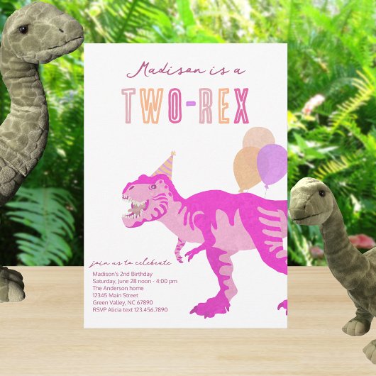 T-Rex ピンク Two-Rex ダイノ 生後2回目のお誕生日 招待状