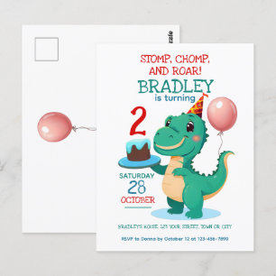 T-Rex 恐竜 2歳の誕生日パーティー招待状 ポストカード