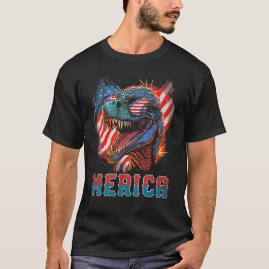 T Rex Dinosaur 4th of July American Flag USA Ameri Tシャツ (正面)