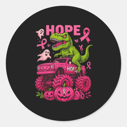 T Rex Dinosaur And Monster Truck Breast Cancer Boo ラウンドシール (正面)