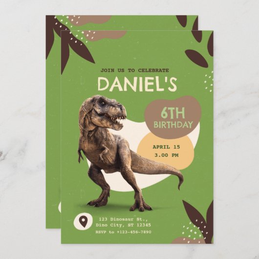 T-Rex Dinosaur Birthday Party 招待状 (正面/裏面)