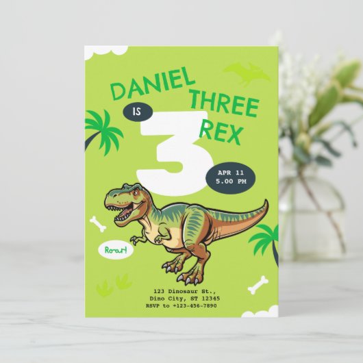 T-Rex Dinosaur Birthday Party 招待状 (スタンド正面)