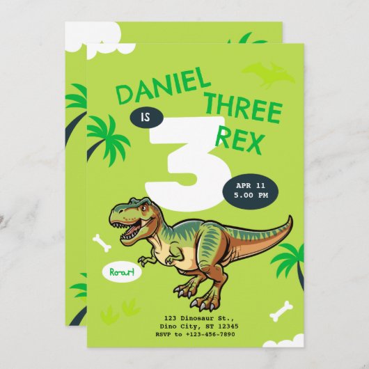 T-Rex Dinosaur Birthday Party 招待状 (正面/裏面)