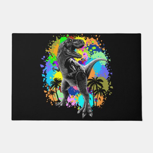 T-Rex Dinosaur Jurassic Reptile on Paint Stains ドアマット (正面)