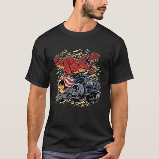 T rex Dinosaur Riding a Monster Truck Cool America Tシャツ (正面)