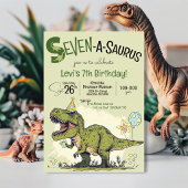 T-Rex Dinosaur Seven-A-Saurus 7th Birthday Party 招待状