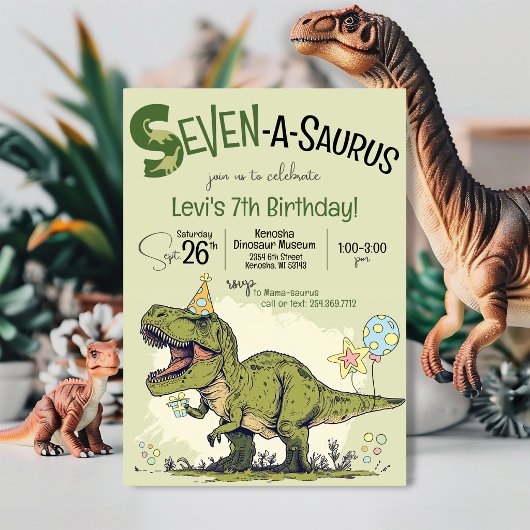T-Rex Dinosaur Seven-A-Saurus 7th Birthday Party 招待状