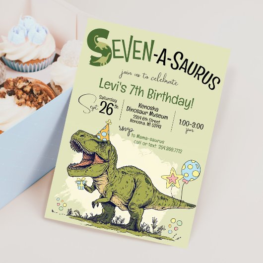 T-Rex Dinosaur Seven-A-Saurus 7th Birthday Party 招待状