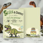 T-Rex Dinosaur Seven-A-Saurus 7th Birthday Party 招待状