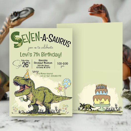 T-Rex Dinosaur Seven-A-Saurus 7th Birthday Party 招待状