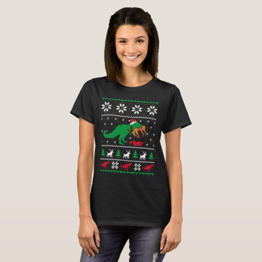 T Rex Eating Reindeer Funny Dinosaur Christmas Ugl Tシャツ (正面フル)
