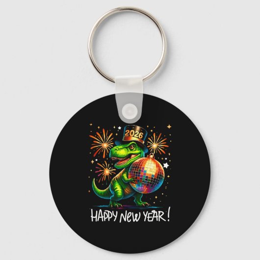 T Rex Happy New Year 2026 Disco Ball Fireworks Tee キーホルダー (正面)