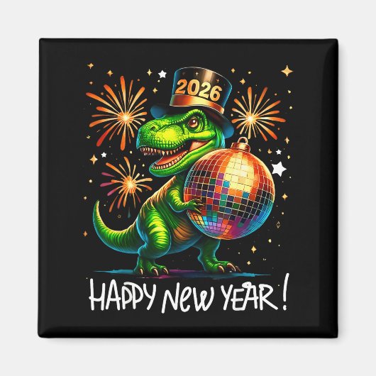 T Rex Happy New Year 2026 Disco Ball Fireworks Tee マグネット (正面)