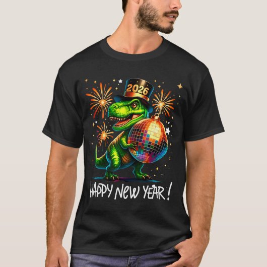 T Rex Happy New Year 2026 Disco Ball Fireworks Tee Tシャツ (正面)