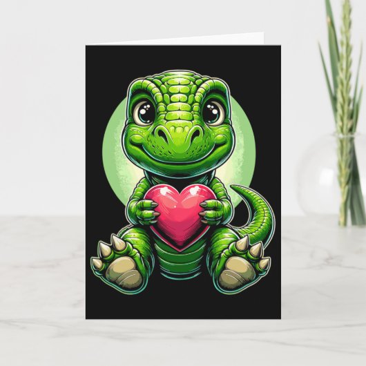 T-rex Holding Heart Valentine's Day Cute Dinosaur  カード (正面)