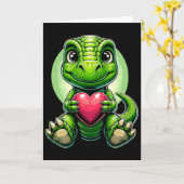 T-rex Holding Heart Valentine's Day Cute Dinosaur  カード (黄色い花)