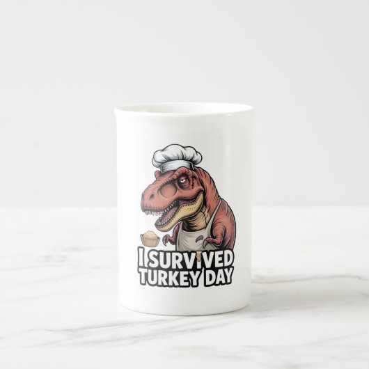 T-Rex I Survived Turkey Day Chef ボーンチャイナマグカップ (正面)